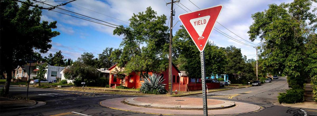 Yield sign on a residential street