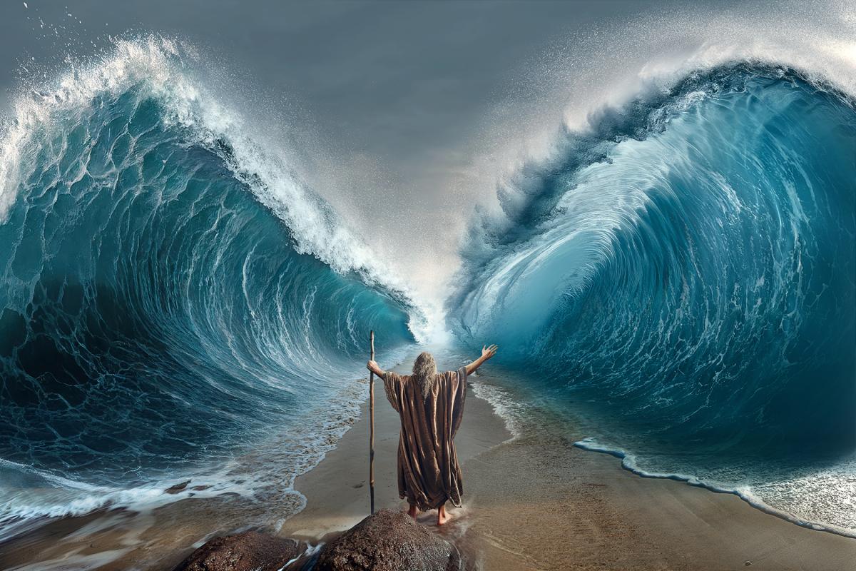 Moses parting the waves. 