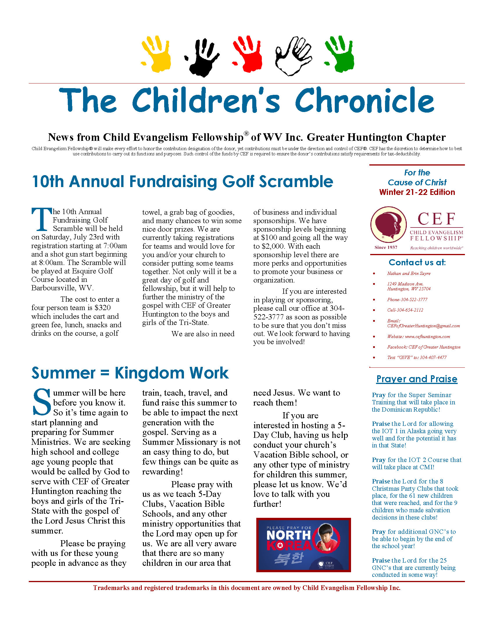 Page one of Winter 2021-2022 Newsletter