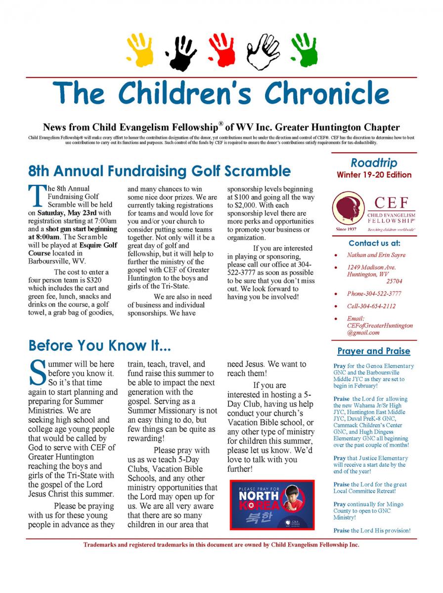 Winter 2020 Newsletter Page 1 | Child Evangelism Fellowship Greater Huntington, WV Chapter